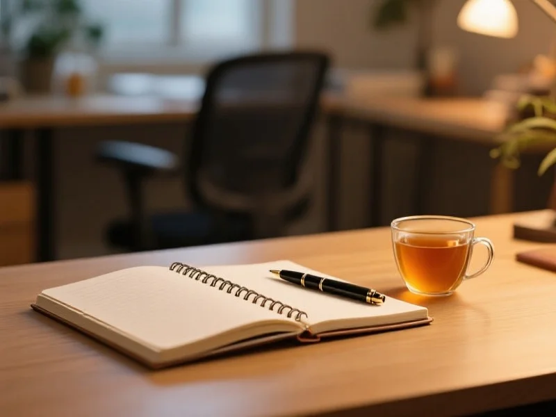 一本打开的笔记本，旁边放着一支笔和一杯茶，背景为温馨的工作环境，象征赛后自我反思与总结
