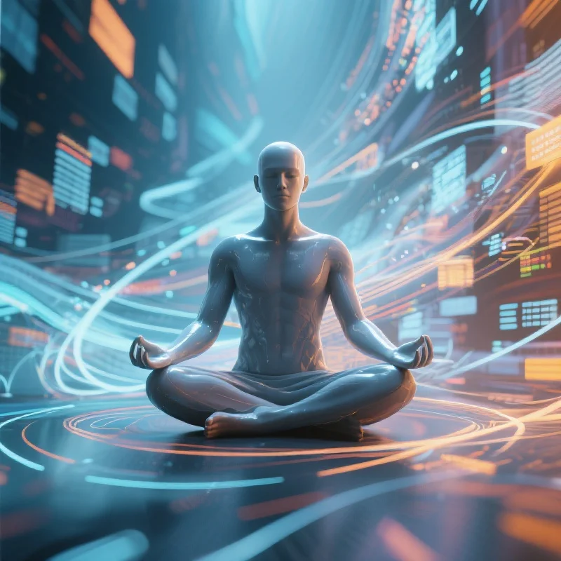一个在动态数据流中保持冥想姿势的宁静人物